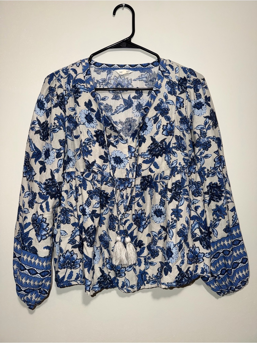 Lucky Brand Blue Floral Boho Tassel Peasant Blouse Size Small